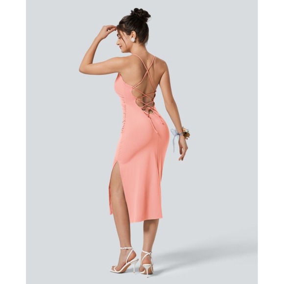 NWT Halara Womens Softlyzero Ruched Backless Lace Up Split Bodycon Dress M Peach - Picture 2 of 9
